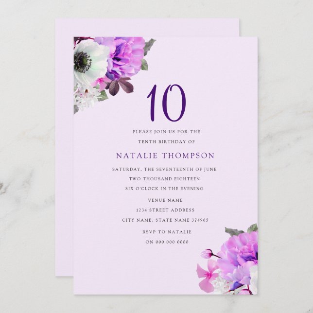 Convite Convidado para o 10º aniversário da bonito Roxa (Frente/Verso)