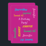 Convite Convidado, Personalizado, Nomes Rosa De 16 Festas<br><div class="desc">Que Convite de festas 16 maravilhoso e divertido! Na frente, seu texto se repete em diferentes fontes e cores em um fundo rosa quente. No verso, os detalhes do evento. É fácil modificar NOME, TEXTO e DETALHES na frente e atrás. A borda dimensionada opcional adiciona à diversão! Todos os Direitos...</div>