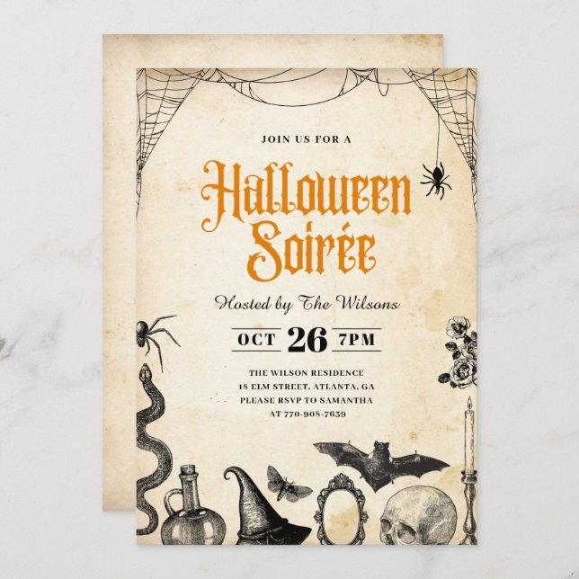 Convite Convidado Rustic Vintage Adult Halloween Soirée (Frente/Verso)