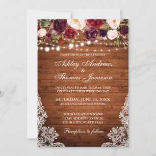 Convite Convidado Rustic Wedding Floral Lace Wood