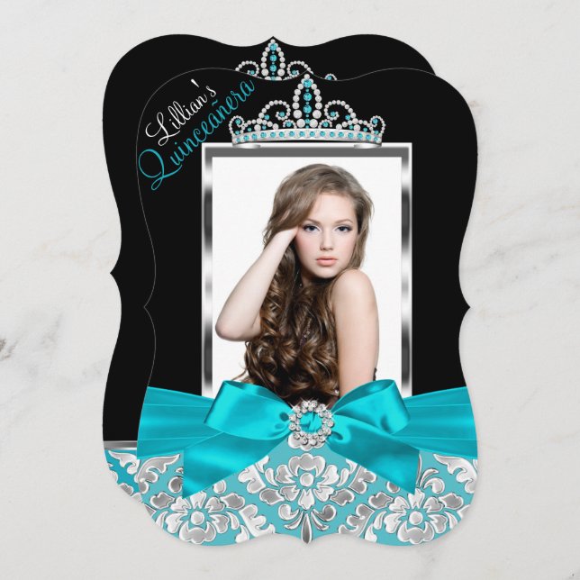 Convite Convidado Teal Black Damask & Tiara Photo Quincean (Frente/Verso)