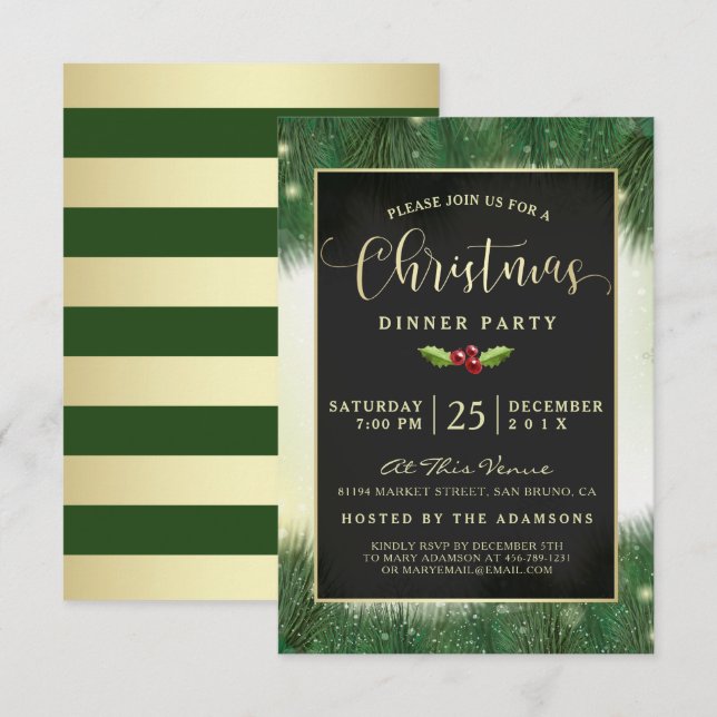 Convite Convidados do Janto de Natal Verde e Dourado Moder (Frente/Verso)