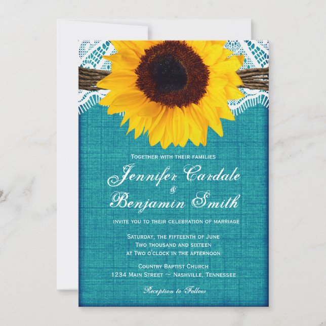 Convite Convidados para Casamento Russo de Teal Sunflower (Frente)