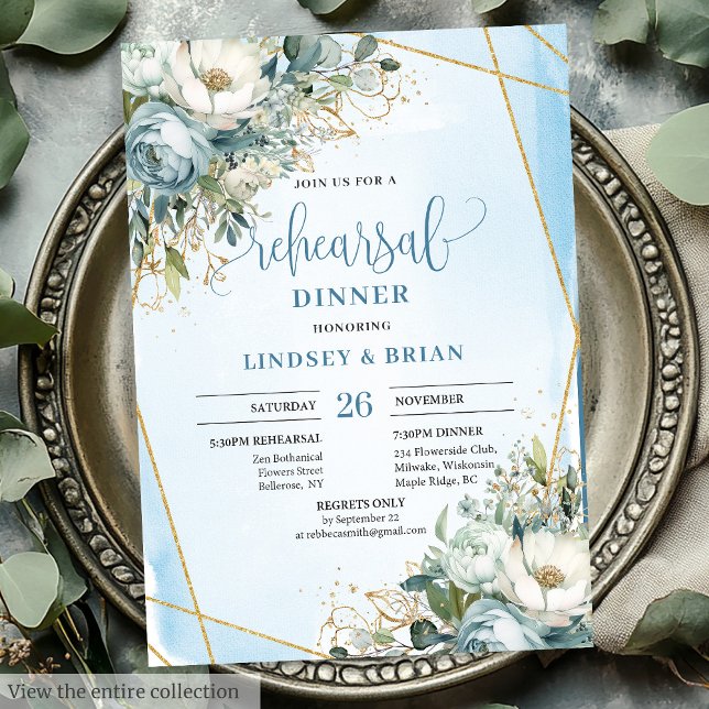 Convite Convidados para Janto de Literatura Dourada Floral (Chic Dusty Blue Floral Gold Glitter Dinner Invitation)