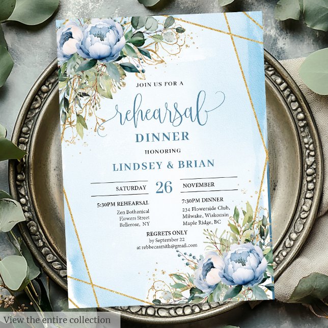 Convite Convidados para Janto Eucalyptus Azul sofisticado (Sophisticated Dusty Blue Eucalyptus Dinner Invitation)