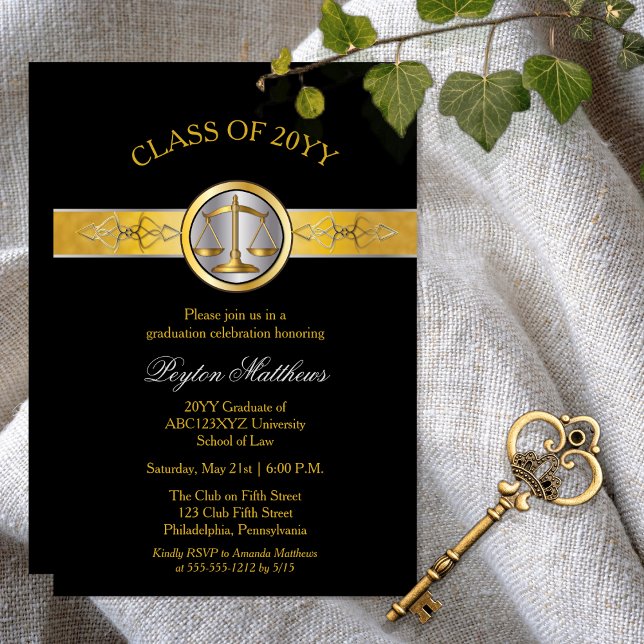 Convite Convidados para Licenciamento da Escola de Direito (Elegant Modern Gold Tone and Black Law School Lawyer | Attorney Graduation Announcement | Invitation)