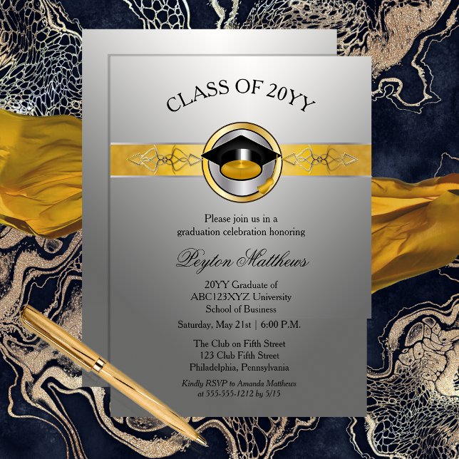 Convite Convidados para Licenciamento Universitário Dourad (Elegant Modern Gold and Silver Tone University Graduation Invitations -- Print | Digital Download)