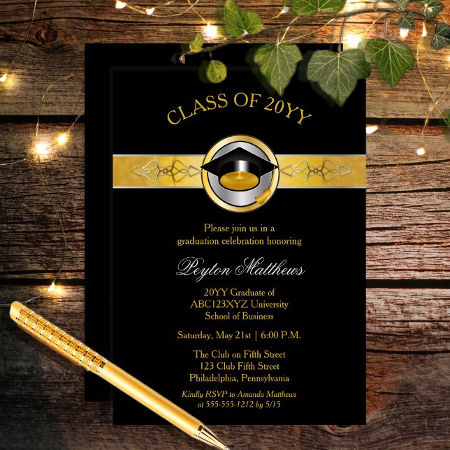 Convite Convidados para Licenciamento Universitário Dourad (Elegant Modern Gold Tone College or University Graduation Invitation -- Print and/or Download)