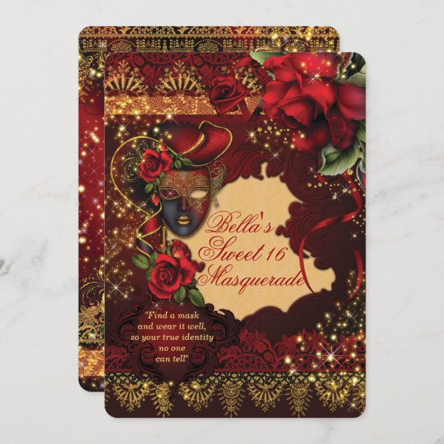 Convite Convidados Românticos do Mascarada Doce 16 do Part (Frente/Verso)