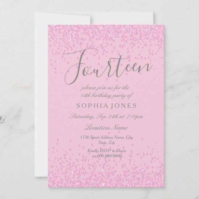 Convite Convidar 14 Festas de aniversário de Glitter Rosa (Frente)