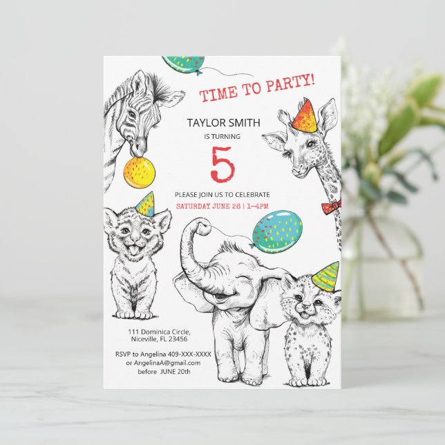 Convite Convidar 5 aniversário com um animal engraçado e f (Em pé/Frente)