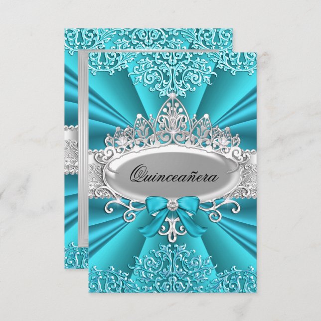 Convite Convidar a festa Teal Tiara Damask Quinceanera (Frente/Verso)