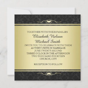 Convite Convidar Casamento tema damasco Preto/Dourado de L