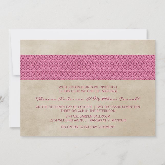 Convite Convidar Casamento tema damasco Russo Rosa (Frente)