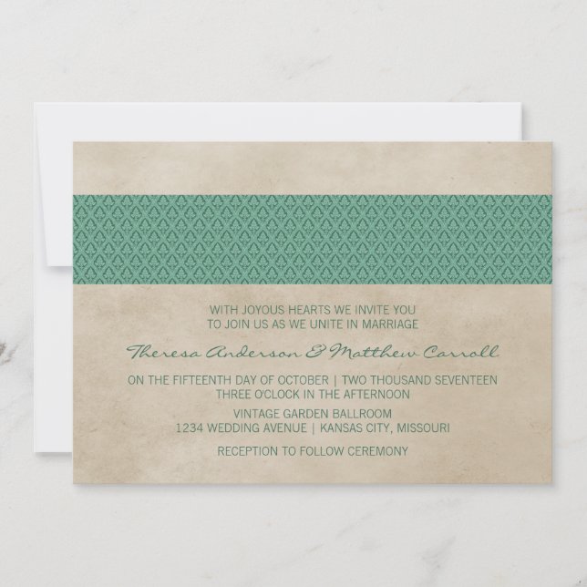 Convite Convidar Casamento tema damasco Russo Verde (Frente)