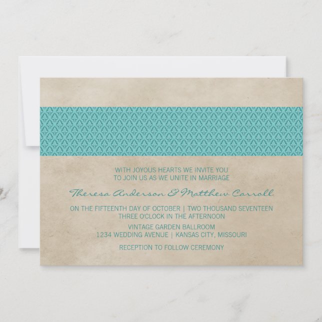 Convite Convidar Casamento tema damasco Teal Rustic (Frente)