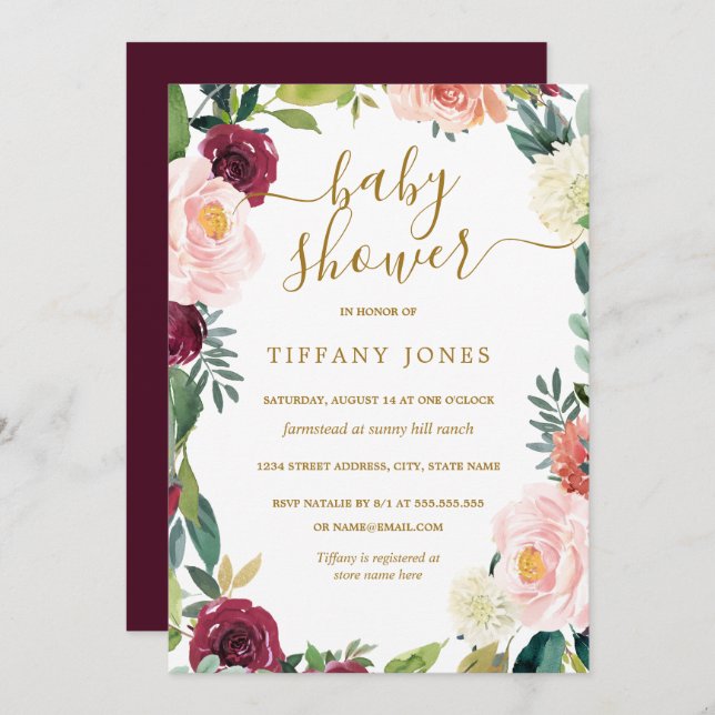 Convite Convidar Chá de fraldas Floral Dourado Blush Burgu (Frente/Verso)