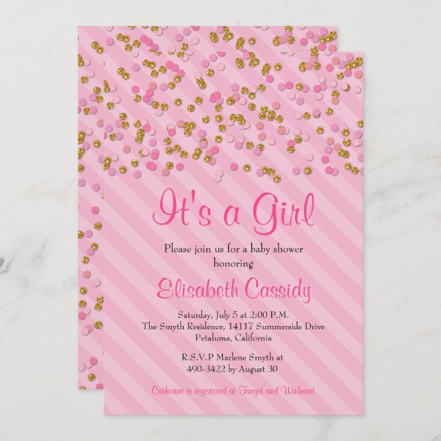 Convite Convidar Chá de fraldas Glitter Rosa e Dourado (Frente/Verso)