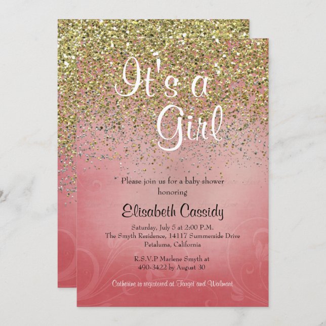 Convite Convidar Chá de fraldas Glitter Rosa e Dourado (Frente/Verso)