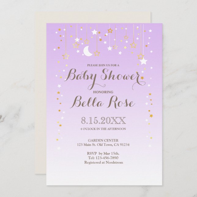 Convite Convidar Chá de fraldas Violet Moon Star Girl (Frente/Verso)
