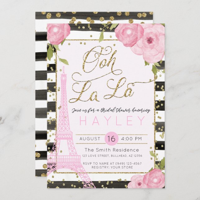 Convite Convidar Chá de panela Dourado Torre Eiffel de Par (Frente/Verso)