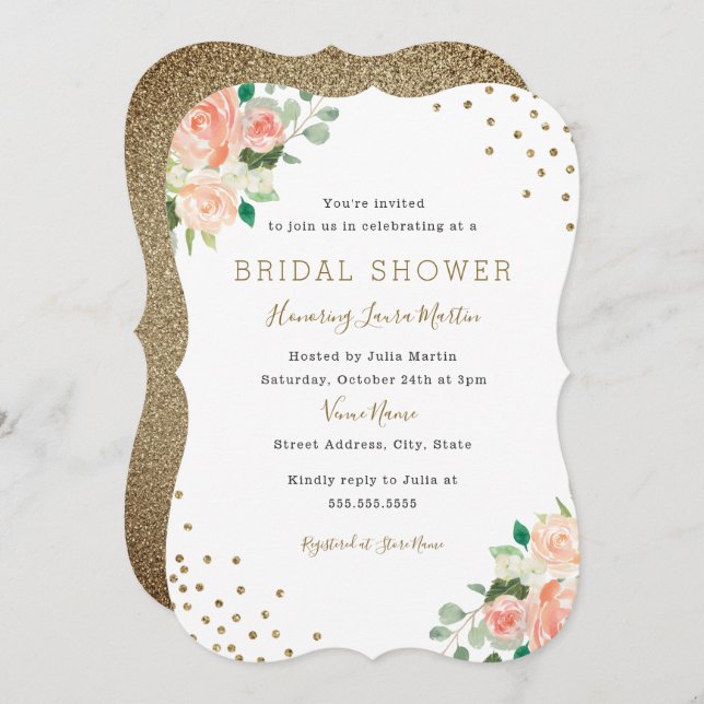 Convite Convidar Chá de panela Floral Confetti Dourado Pea (Frente/Verso)