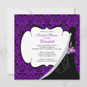 Convite Convidar Chá de panela Roxo de Bride de Damask Tr