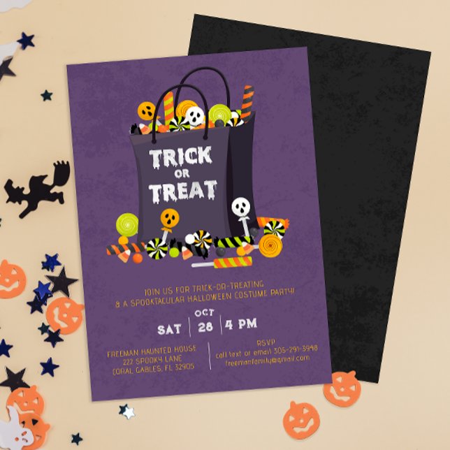 Convite Convidar Festa de Costume para Crianças Roxas (Trick or Treat Halloween Costume Party Invitation)