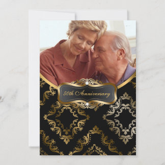 Convite Convidar Foto para Damask Preto e Dourado
