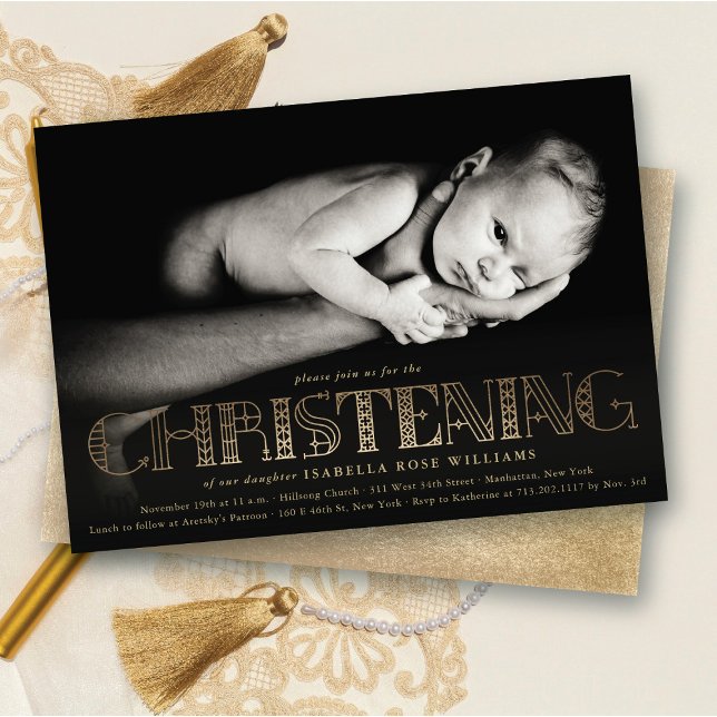 Convite Convidar Foto para o Boho Elegante Gold Foil Chris (Boho Elegant Faux Gold Foil Stylish Chic Modern Christening Religious Photo Invitation @ fat_fa_tin)