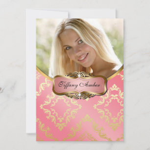 Convite Convidar Foto Peach e Dourada Damask