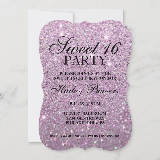 Convite Convidar - Glitter Roxo Fab Sweet 16 (Frente)