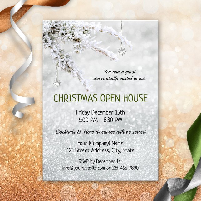 Convite Convidar Open House da Companhia de Natal com Neve (Christmas open house invitation featuring a snow covered branch with silver star pending ornament)