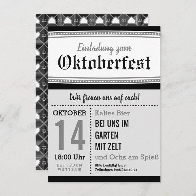 Convite Convidar Preto e Branco Oktoberfest (Frente/Verso)