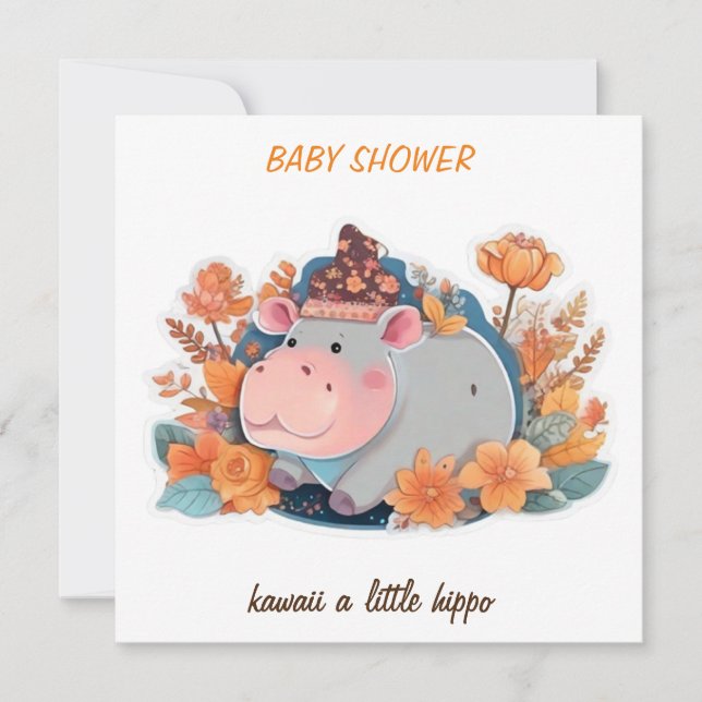 Convite convidem kawaii um chá de fraldas hippo (Frente)