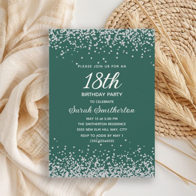 Convite Convidite de 18 Anos Verde Esmeralda com Brilho de (Elegant emerald green and silver glitter 18th birthday party invitation for women,)