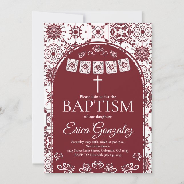 Convite Convidite de Batismo Burgundy Papel Picado (Frente)