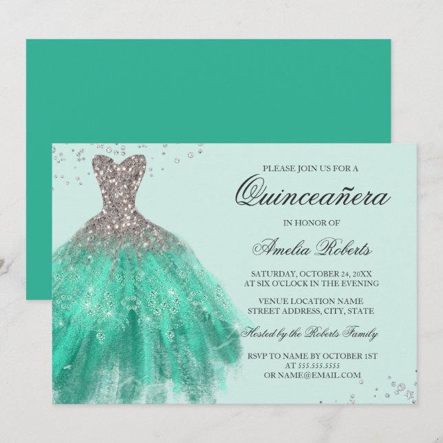 Convite Convidite para Quinceanera de Vestido Verde Jade c (Frente/Verso)