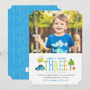 Convite Convite/Carro para aniversário de 3 anos de Doodle