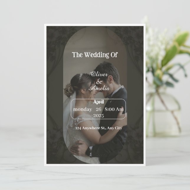 Convite "Convite para Casamento Preto e Marrom Elegante Pe (Em pé/Frente)