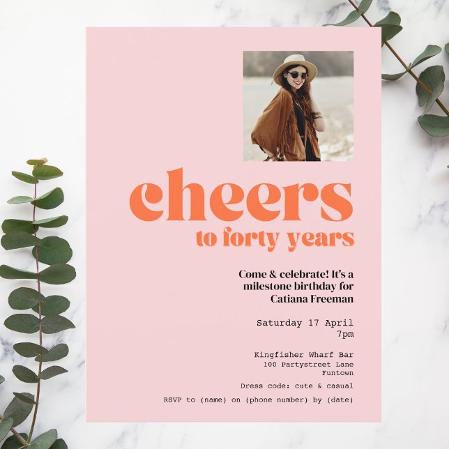 Convite Convite, Retro Rosa & Apricot, aniversário de 40 a (Criador carregado)