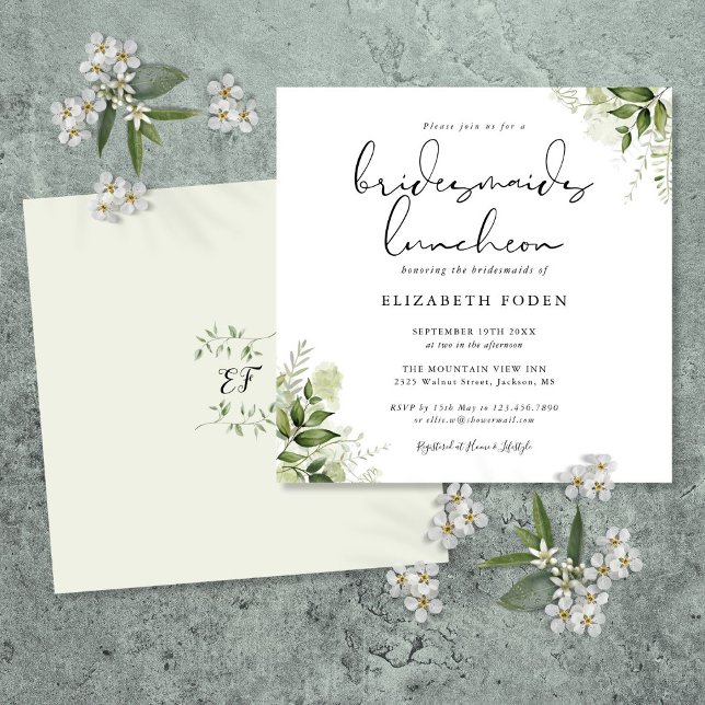 Convite Convivio de Damas de Honra com Monograma Floral Ve (Greenery Floral Monogram Bridesmaids Luncheon Invitation)