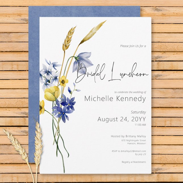 Convite Convivio de Noiva com Flores Silvestres Azuis e Am (Modern Blue & Yellow Wildflowers Bridal Luncheon Invitation)