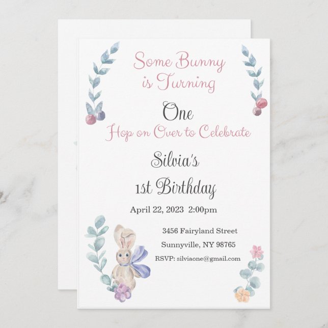 Convite Convocação Bunny, Um, Aniversário, Dois, Um Coelhi (Frente/Verso)