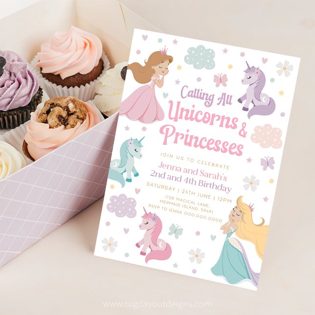 Convite Convocação de Aniversário da Princesa. Unicórnio D (Princess and Unicorn Rainbow Joint Birthday Invitation)