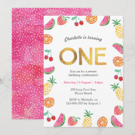 Convite Convocação de aniversário Dourada rosa frutado tro