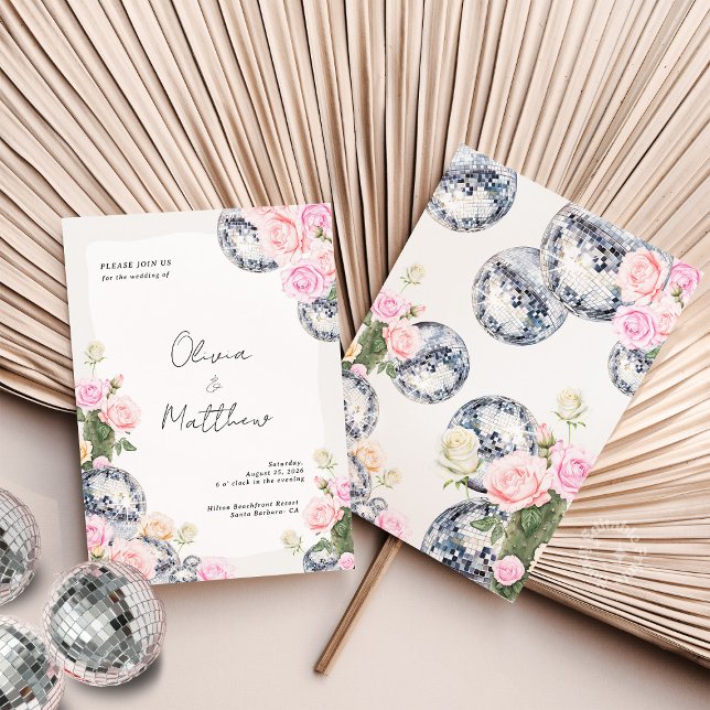 Convite Convocação de Casamento de Bola Disco Floral (Disco Ball Wedding Invitation Floral)