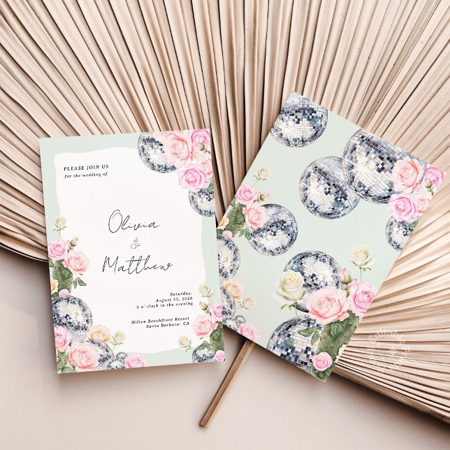 Convite Convocação de Casamento de Bola Disco Verde Floral ( )