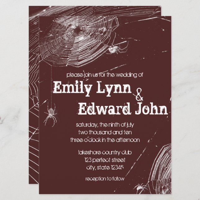 Convite Convocação de Casamento de Cobwebs e Aranhas Branc (Frente/Verso)