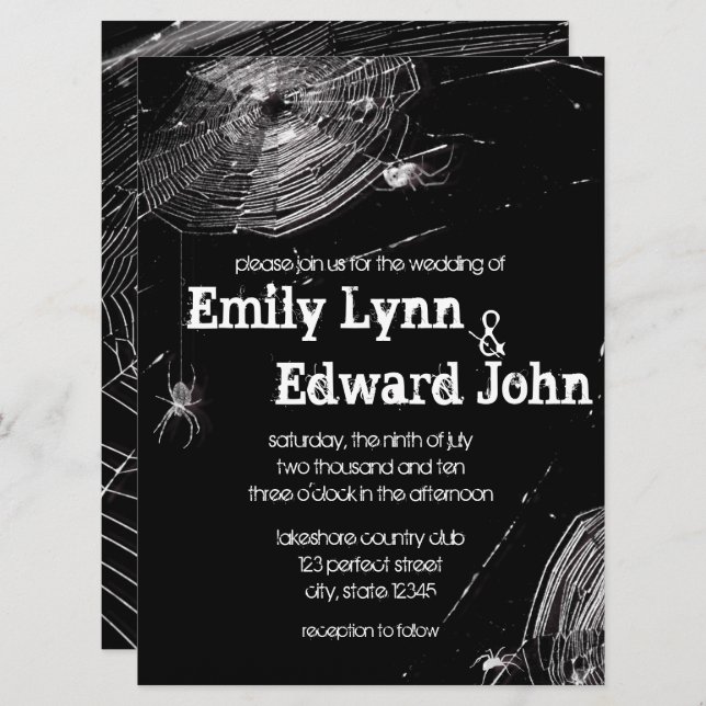 Convite Convocação de Casamento de Cobwebs e Aranhas Branc (Frente/Verso)